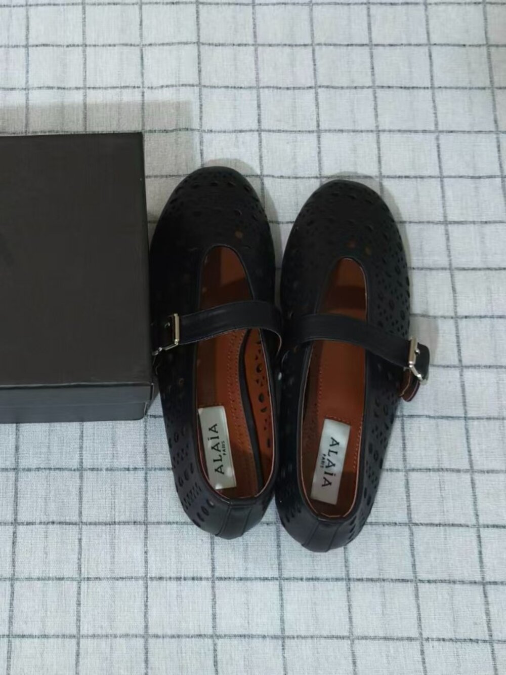 Alaia Paris Perforated Leather Mary Jane Flats Black Laser-Cut Ballet Buckle Str